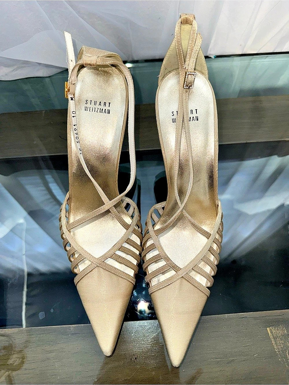 Stuart Weitzman Gold Metallic Strappy Heels Size 10 - Picture 3 of 6